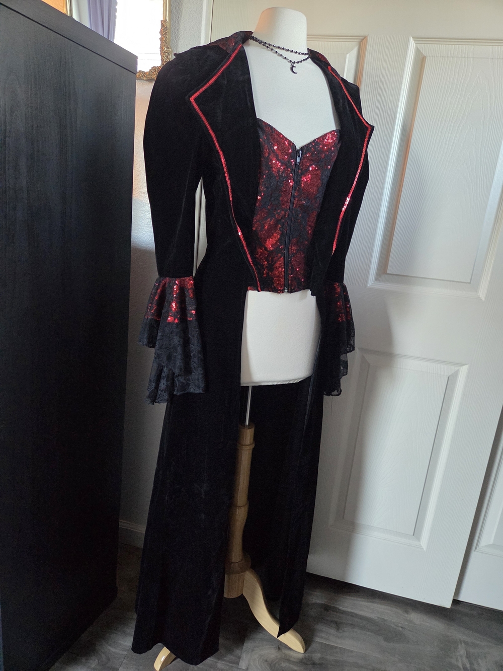 Black Velvet Long Vampire Coat Red Sequin Corset